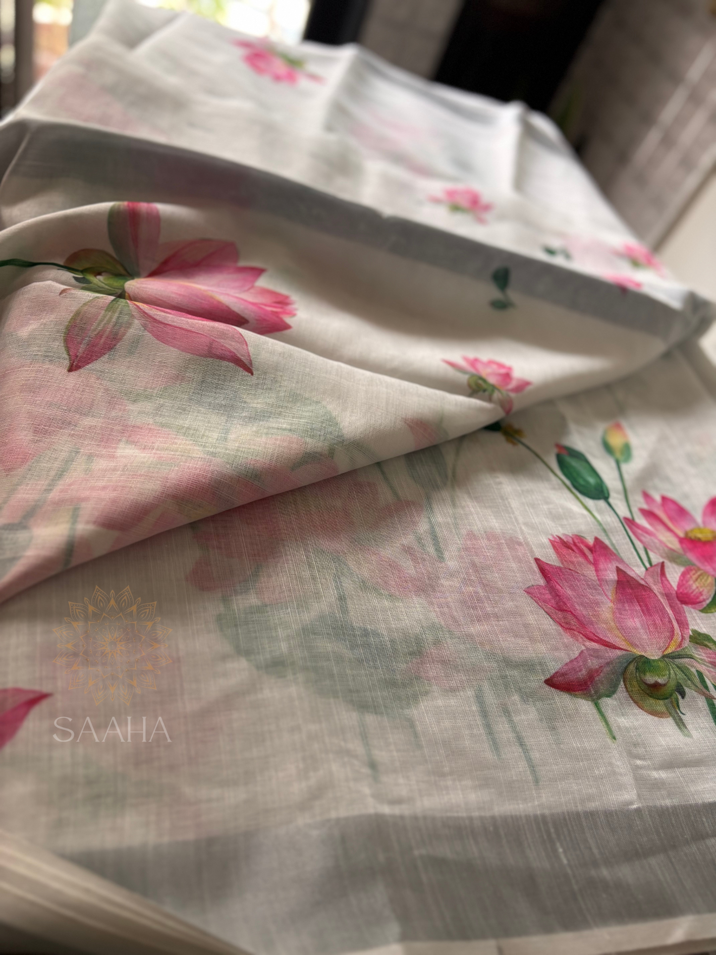 Neerja_Handwoven Linen Saree with Lotus prints