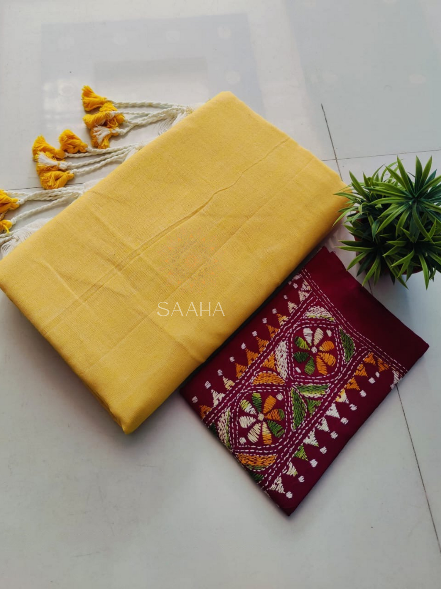 NOOR_Plain Khadi Cotton Saree with Kantha Hand-Embroidered Unstitched blouse