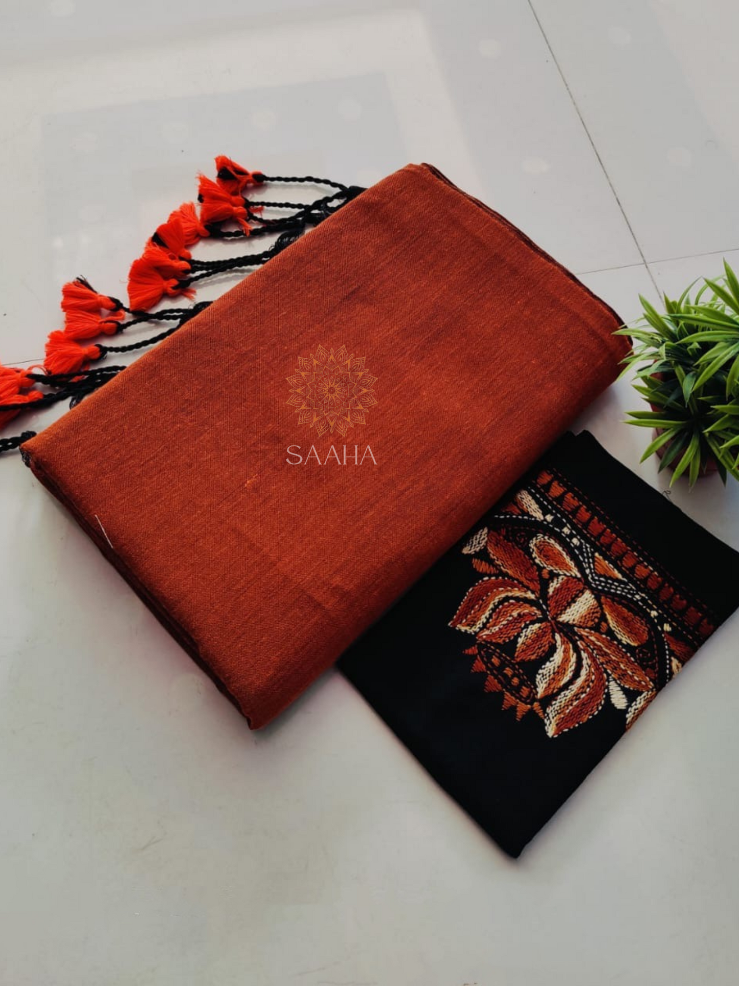 NOOR_Plain Khadi Cotton Saree with Kantha Hand-Embroidered Unstitched blouse
