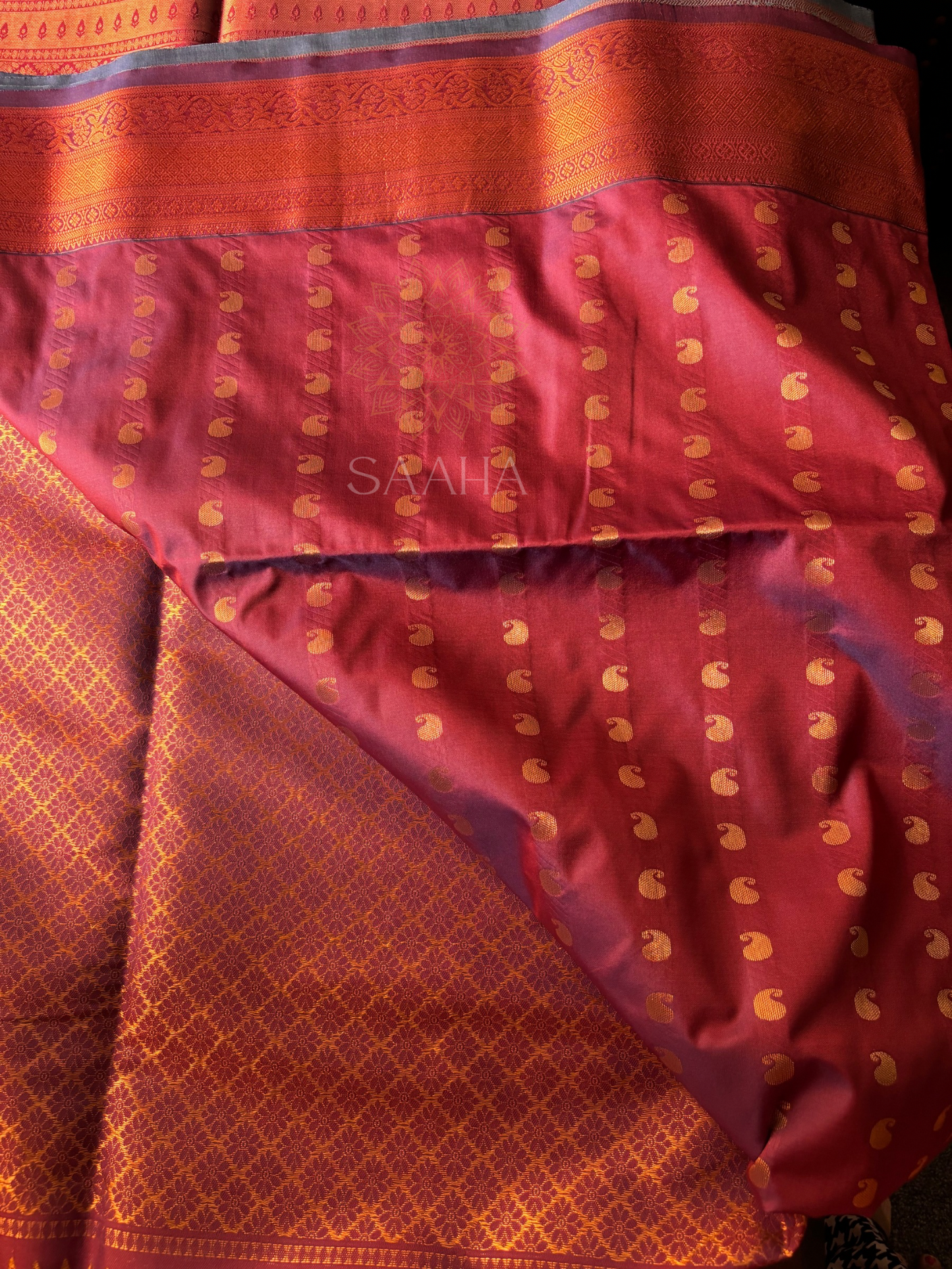 Graphite & Garnet Kanjeevaram Semi Silk saree