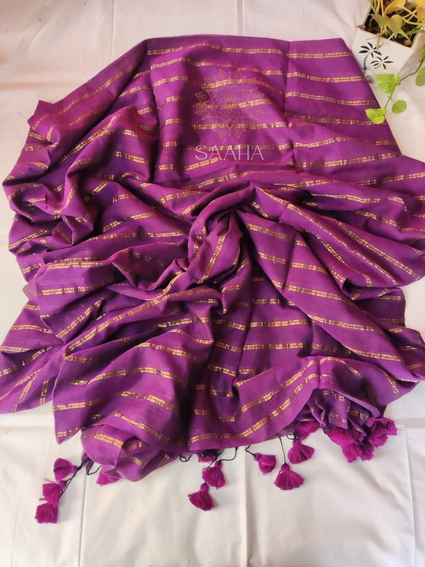 NOOR_Khadi Cotton Saree with Copper Zari Stripes