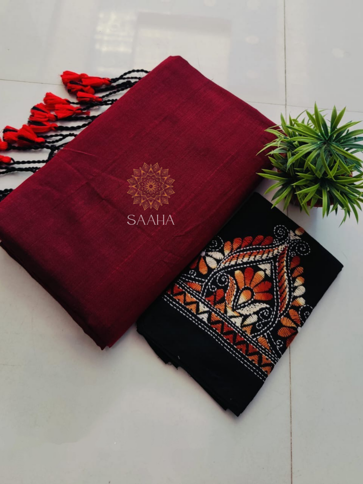 NOOR_Plain Khadi Cotton Saree with Kantha Hand-Embroidered Unstitched blouse