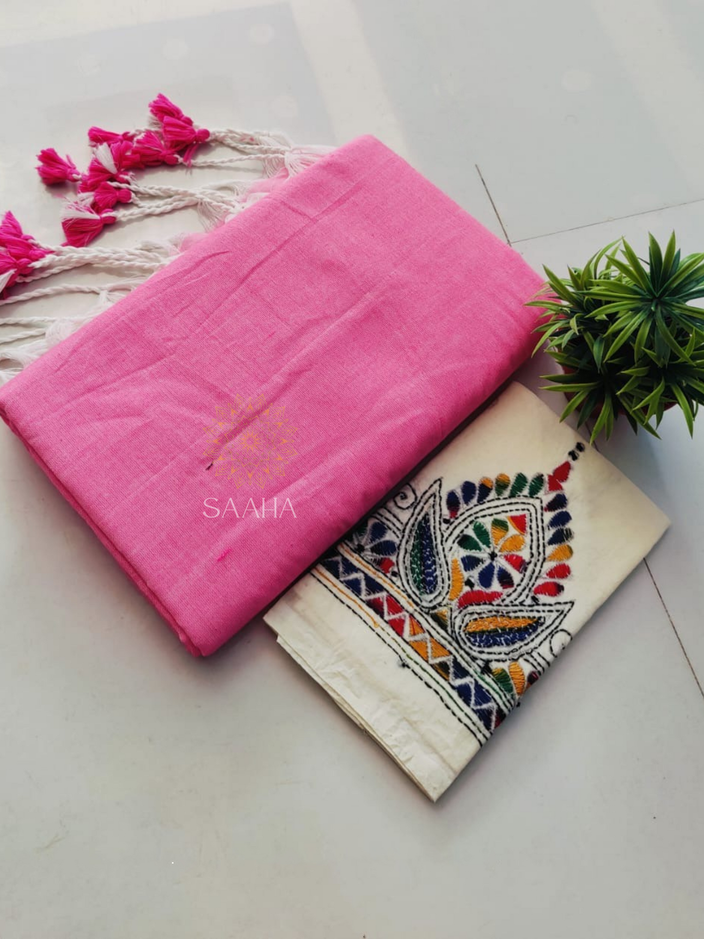NOOR_Plain Khadi Cotton Saree with Kantha Hand-Embroidered Unstitched blouse
