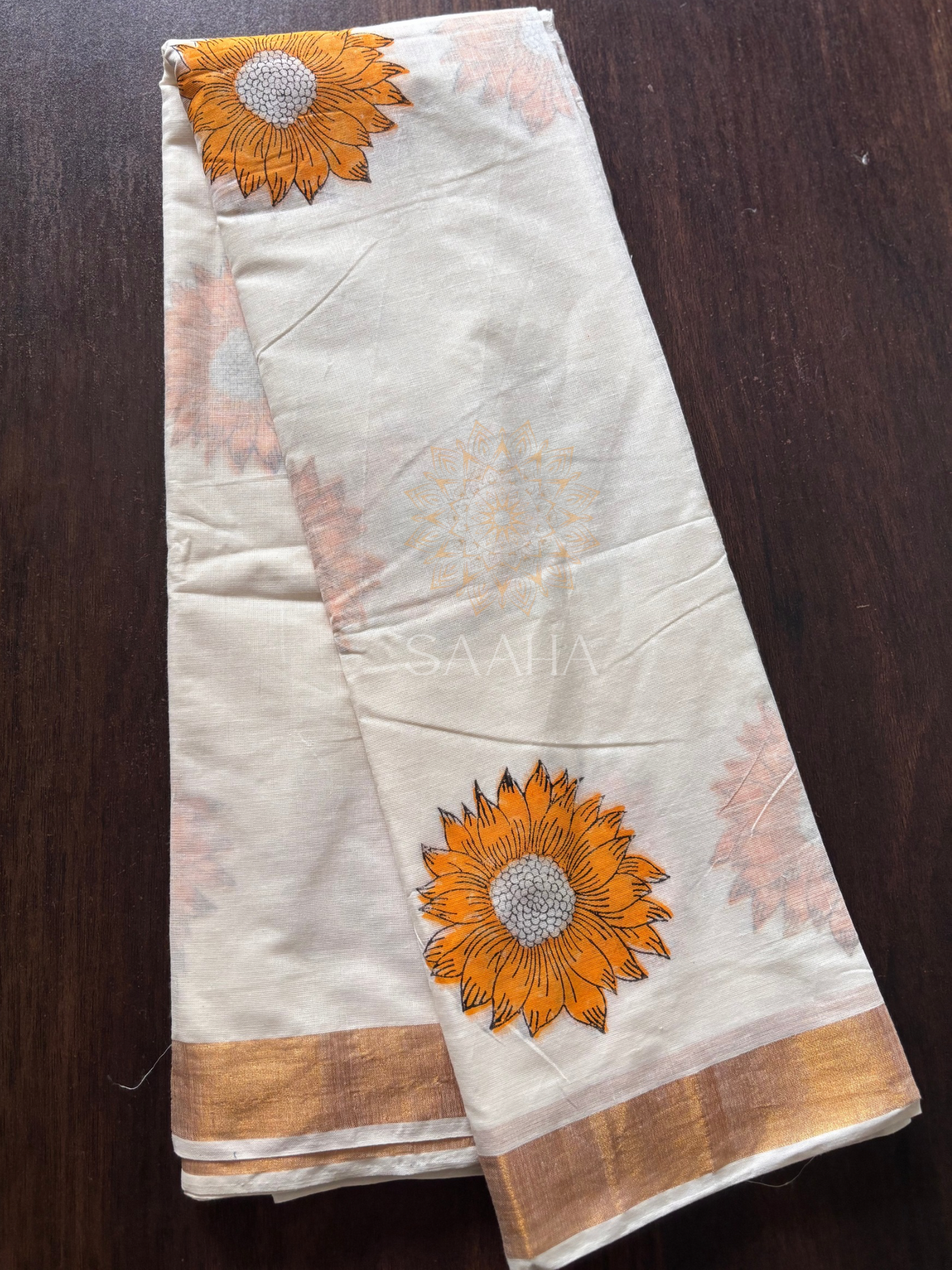 Sooryakanti_Handwoven Cotton Kerala Saree with handblock printed sunflowers