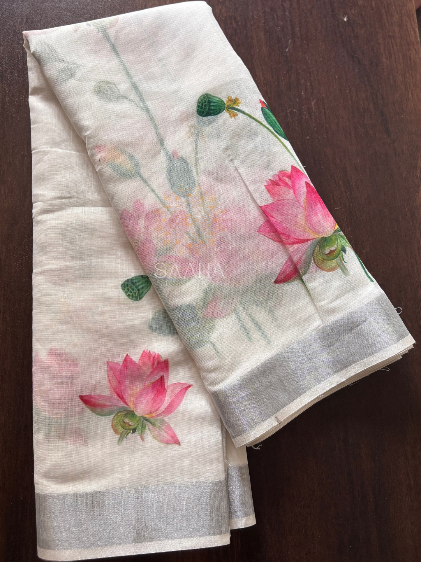 Neerja_Handwoven Linen Saree with Lotus prints