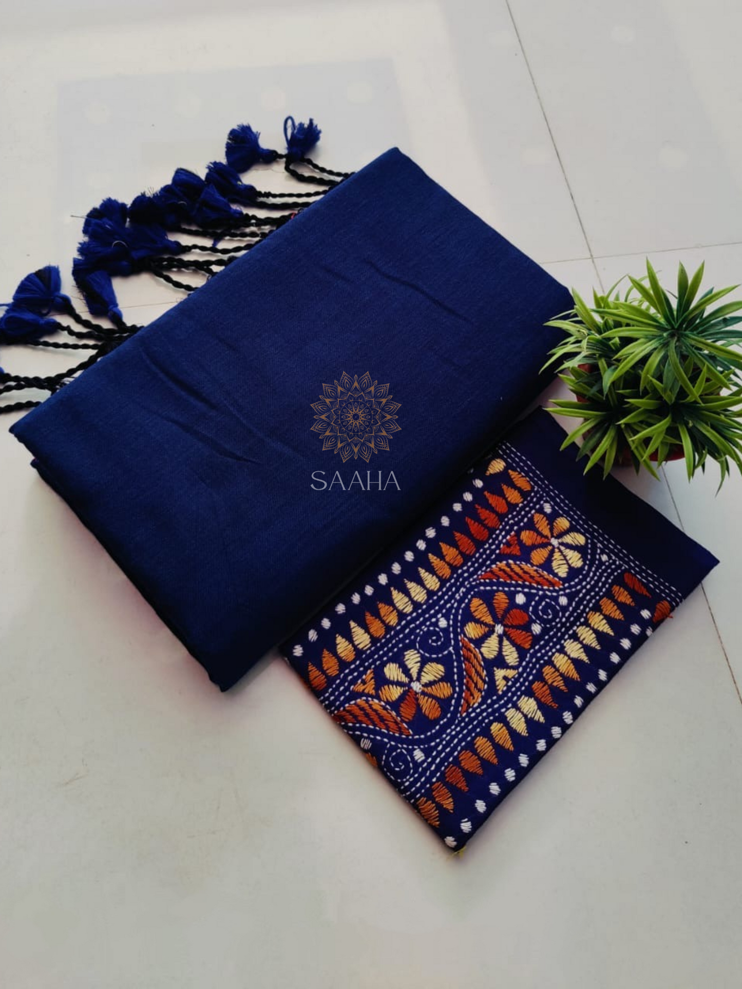 NOOR_Plain Khadi Cotton Saree with Kantha Hand-Embroidered Unstitched blouse