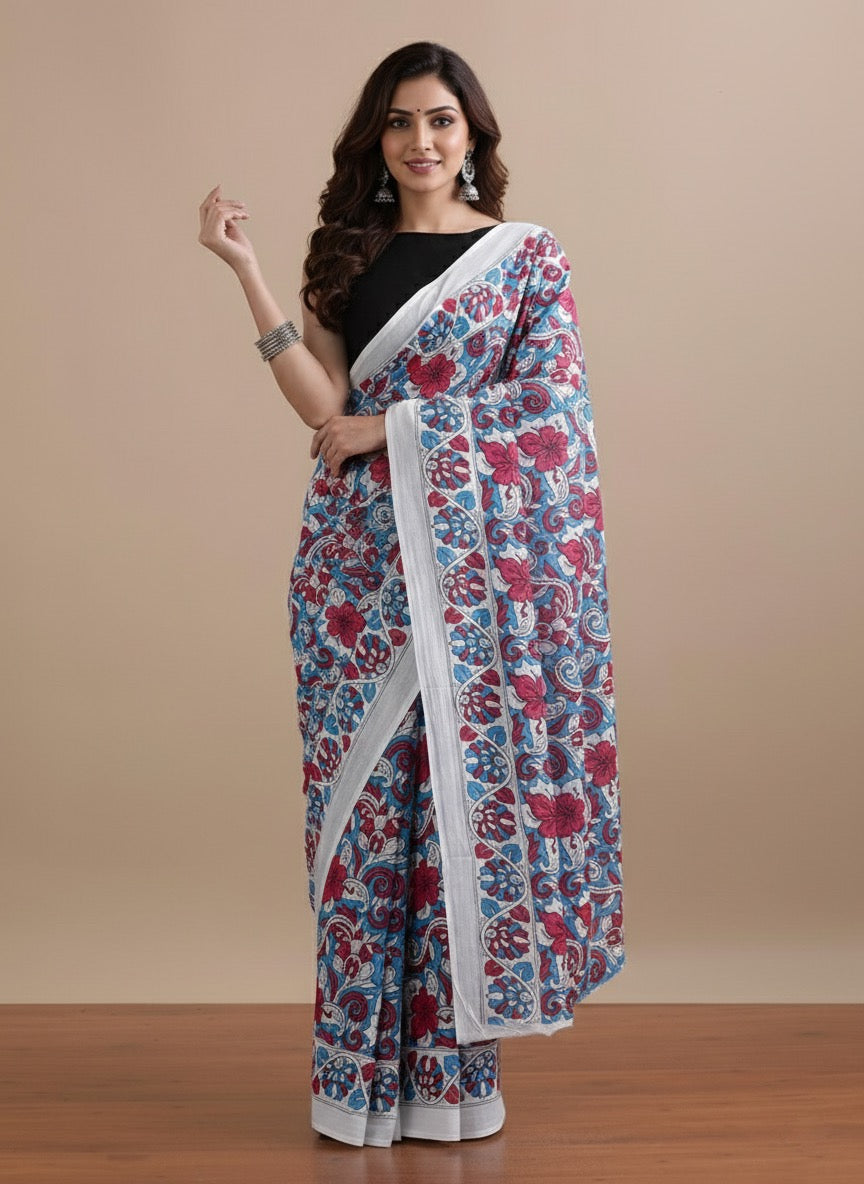 Berry Teal_Hand Block Printed Mulmul Sare