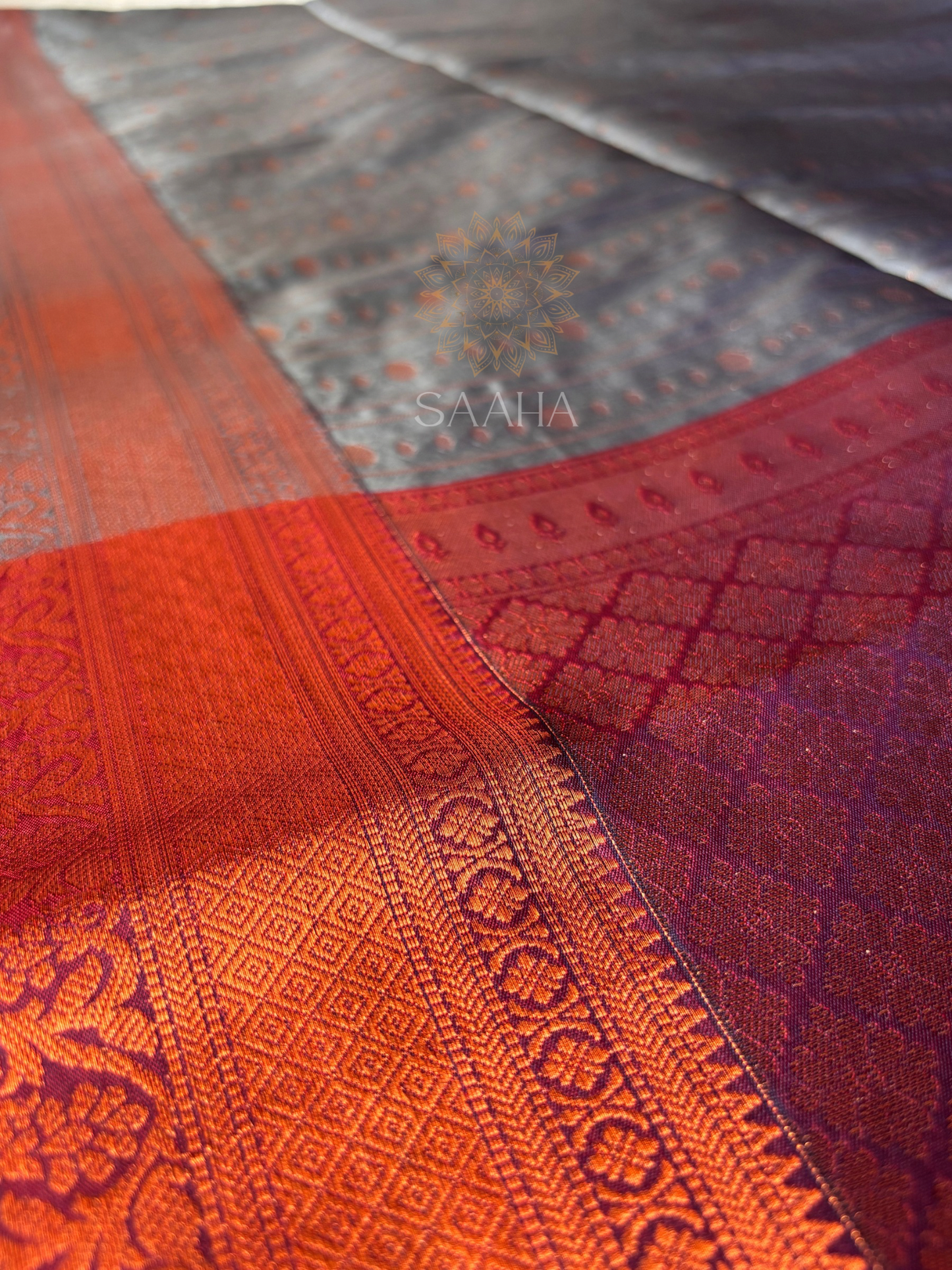 Graphite & Garnet Kanjeevaram Semi Silk saree