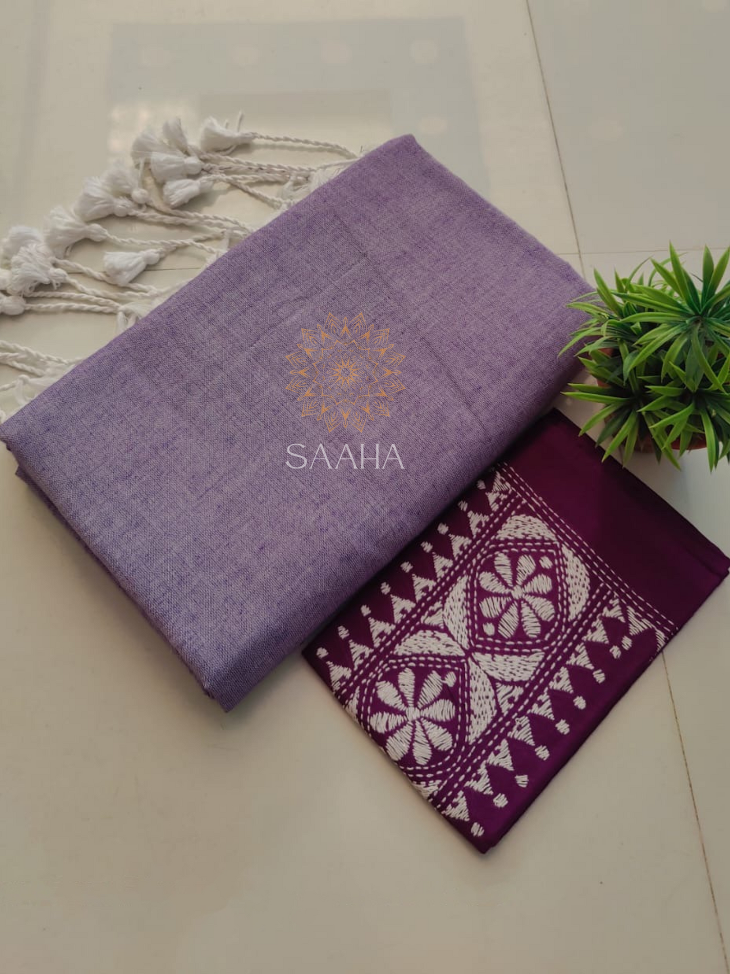 NOOR_Plain Khadi Cotton Saree with Kantha Hand-Embroidered Unstitched blouse