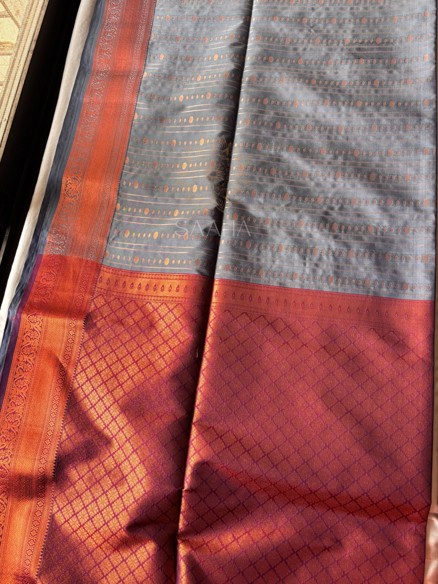 Graphite & Garnet Kanjeevaram Semi Silk saree