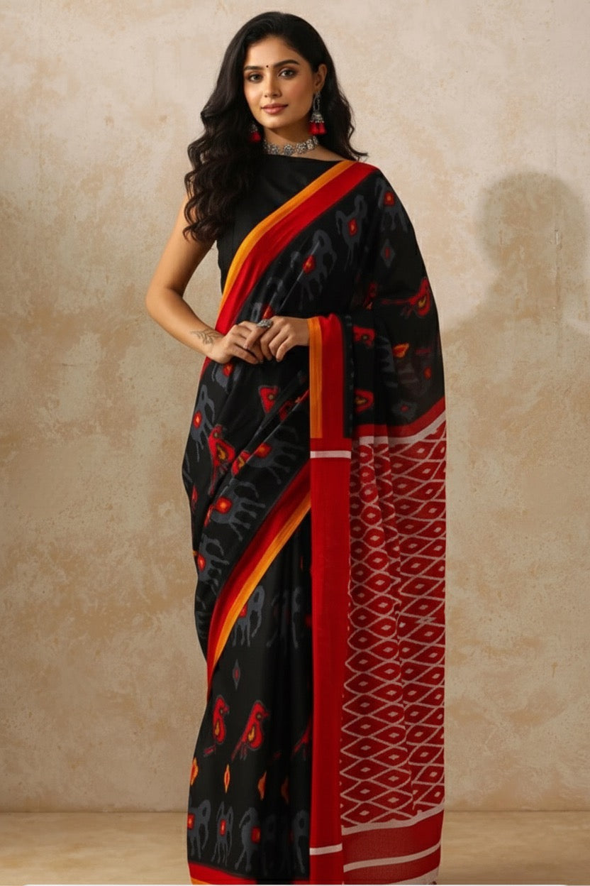 Tribal Noir_Hand Block Printed Mulmul Saree