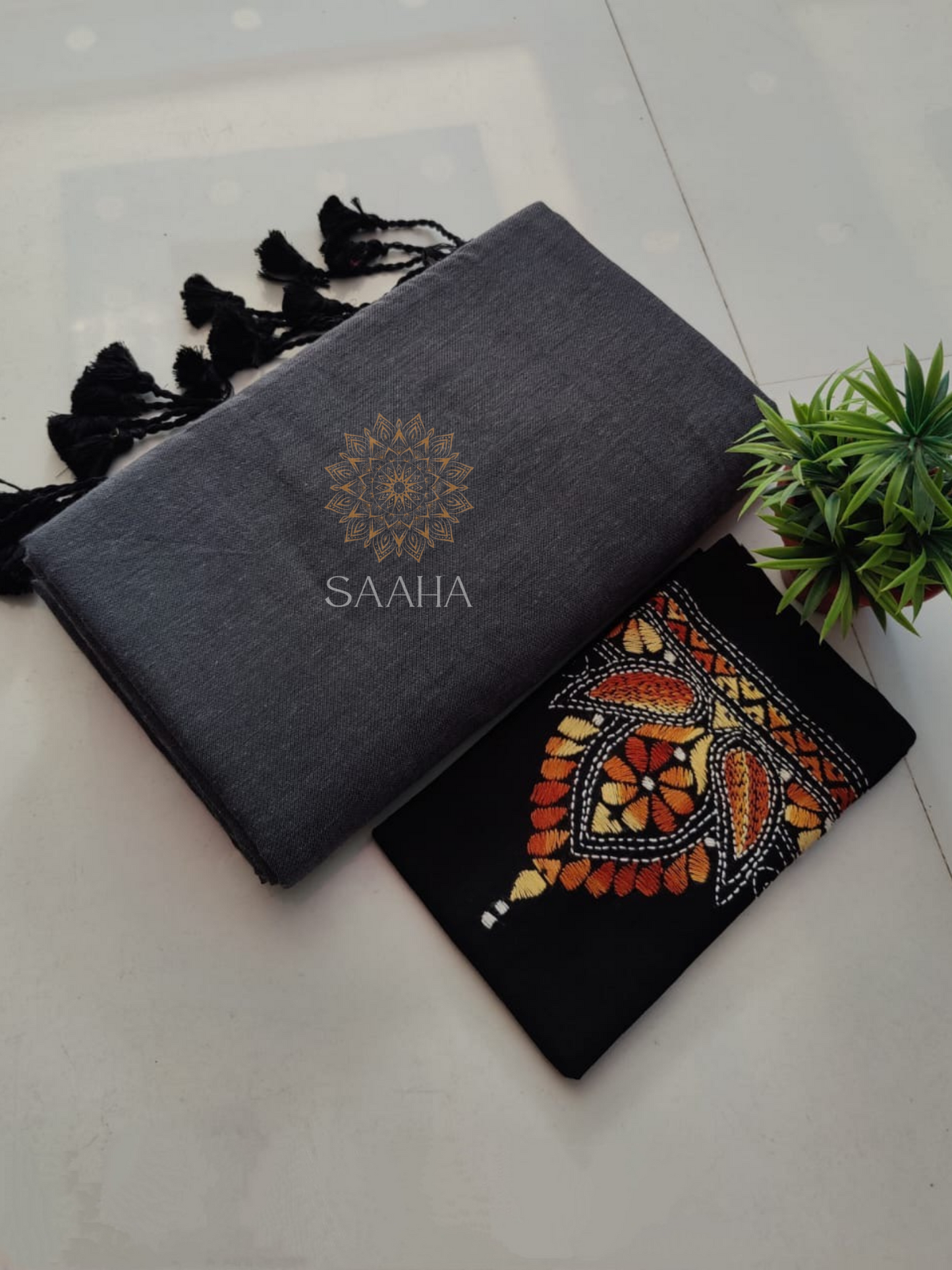 NOOR_Plain Khadi Cotton Saree with Kantha Hand-Embroidered Unstitched blouse