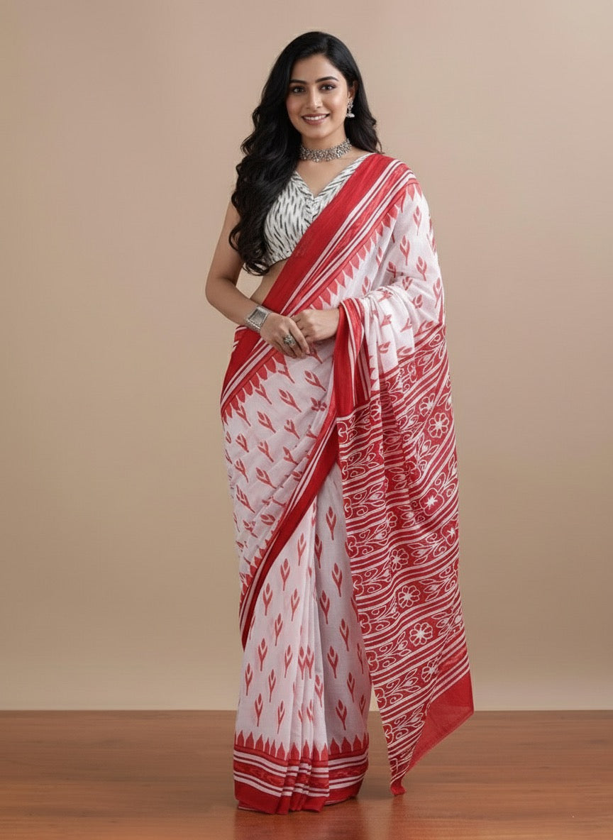 Ikat Edge_Hand Block Printed Mulmul Saree