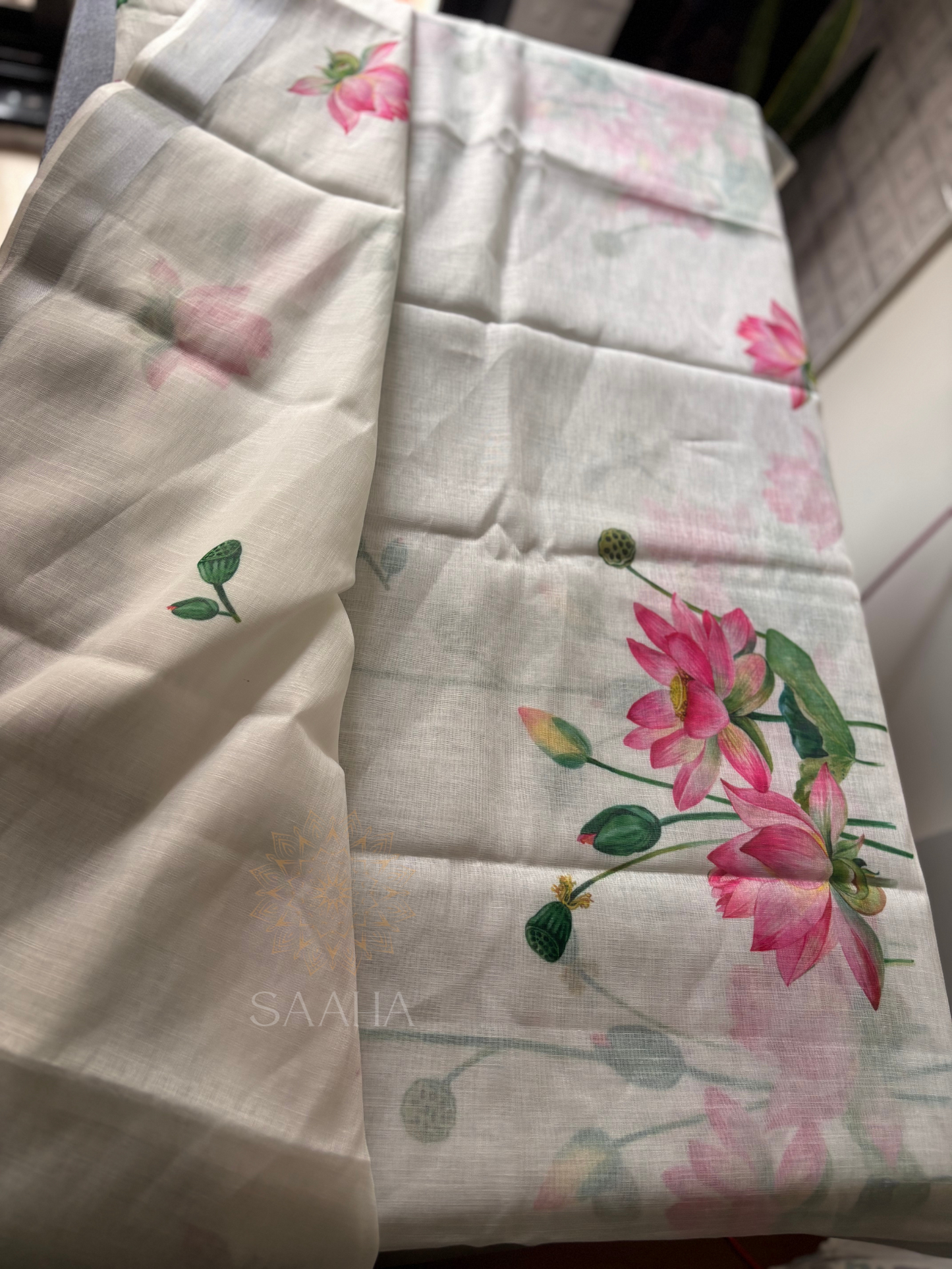 Neerja_Handwoven Linen Saree with Lotus prints