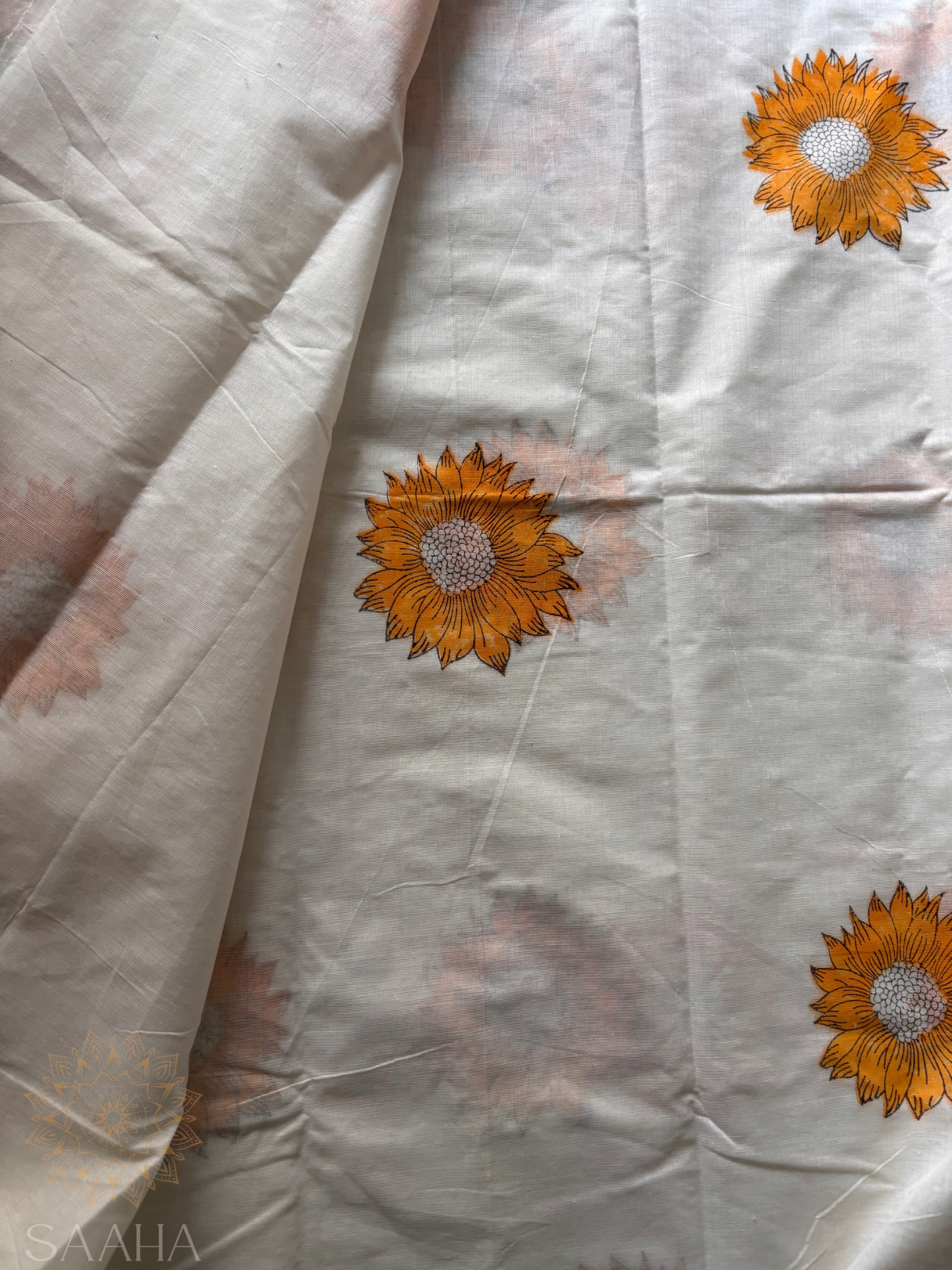 Sooryakanti_Handwoven Cotton Kerala Saree with handblock printed sunflowers