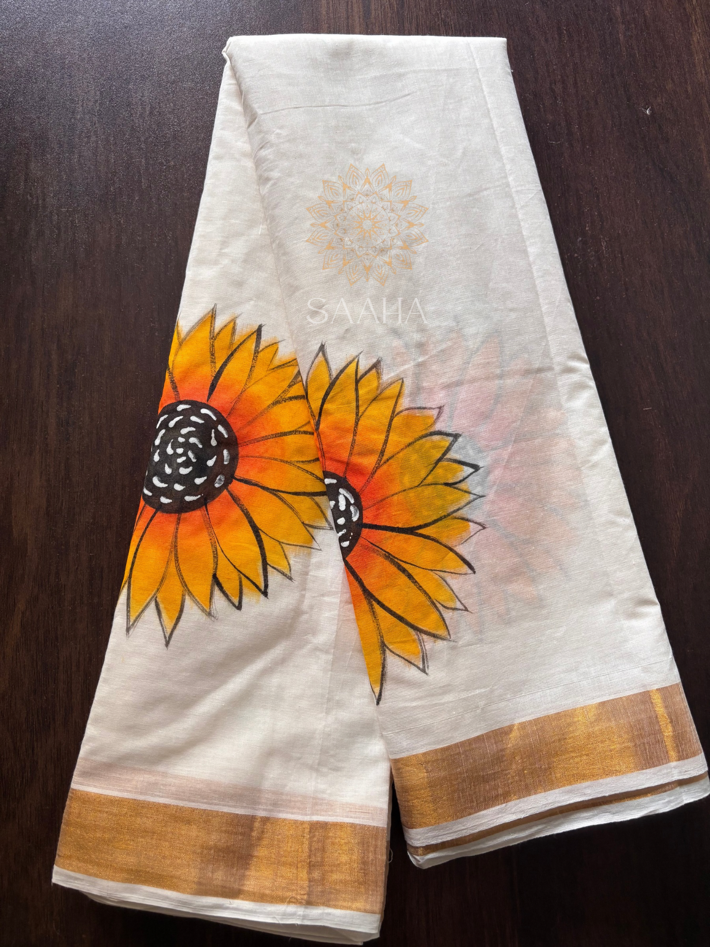 Sooryakanti_Handwoven Cotton Kerala Saree with handpainted sunflowers