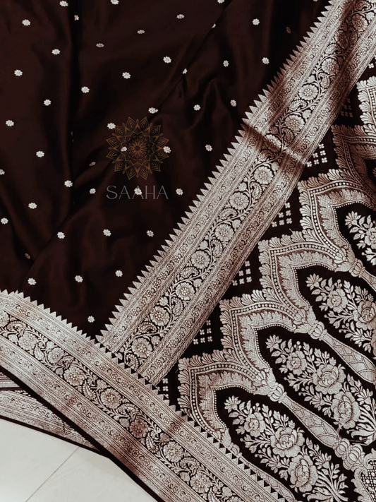 Coffee Silver Charm_Handwoven Mashru Silk Saree