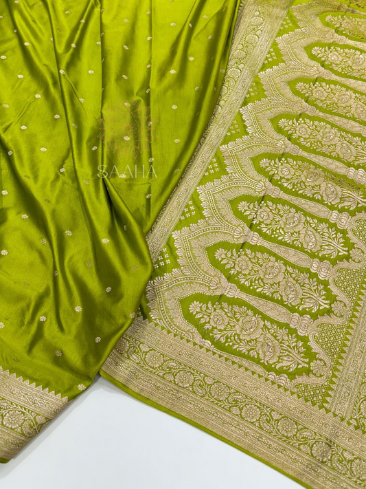 Lime Zari Bloom_Handwoven Mashru Silk Saree