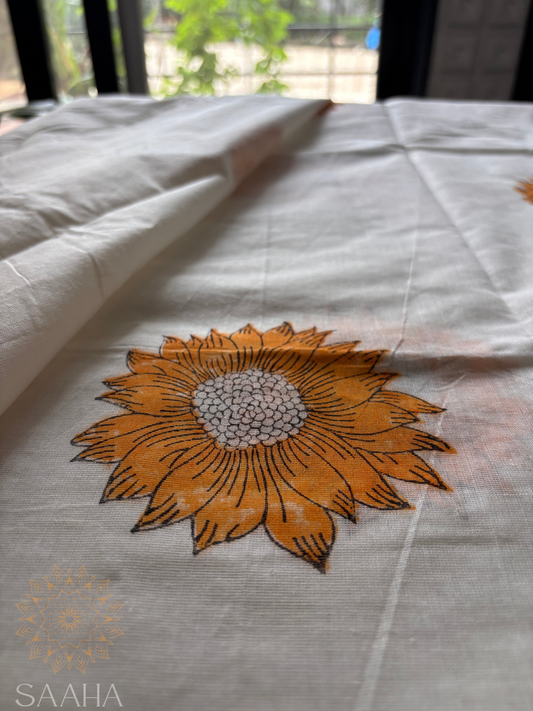 Sooryakanti_Handwoven Cotton Kerala Saree with handblock printed sunflowers