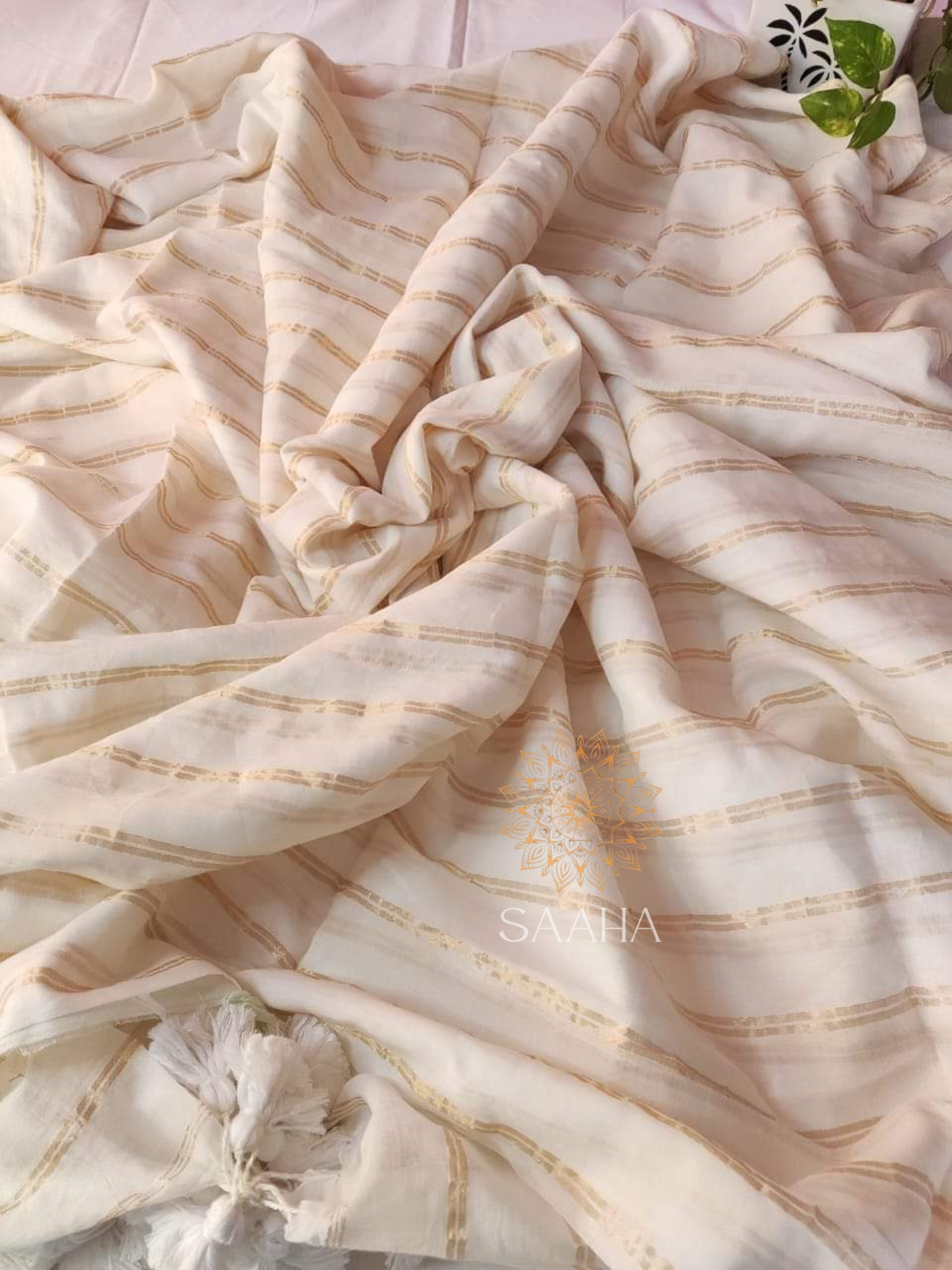 NOOR_Khadi Cotton Saree with Copper Zari Stripes
