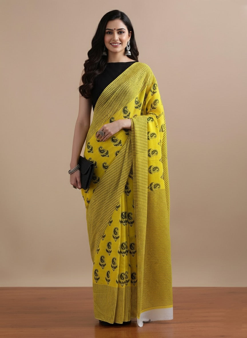 Lemonade Dream_Hand Block Printed Mulmul Saree
