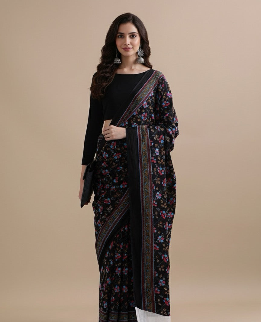 Midnight Flora_Hand Block Printed Mulmul Saree