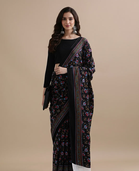 Midnight Flora_Hand Block Printed Mulmul Saree