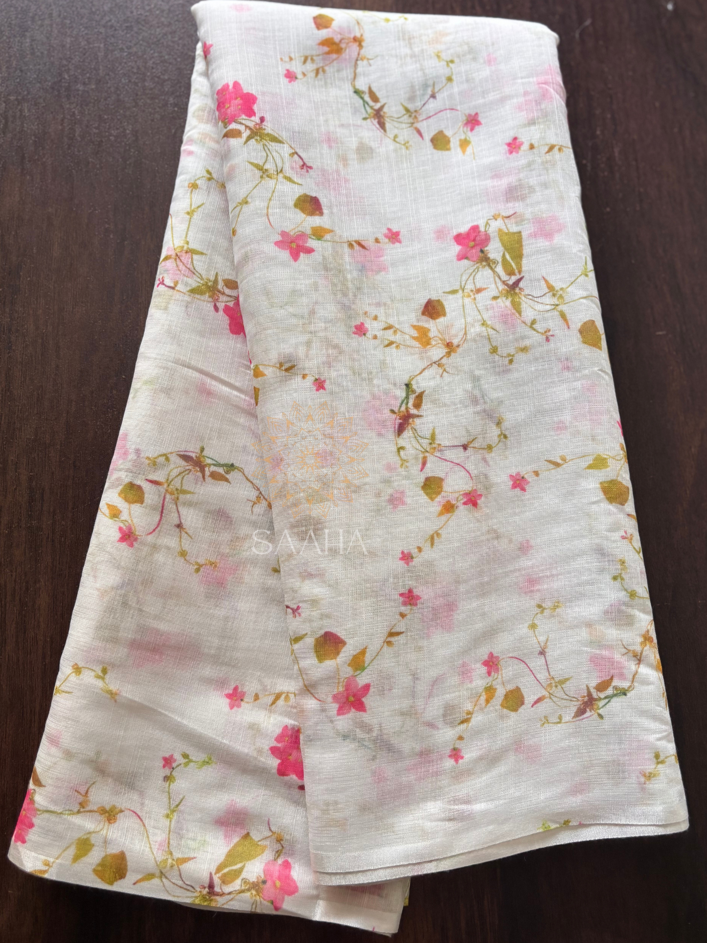 Sadabahar_Handwoven Linen Saree with Floral Digital prints