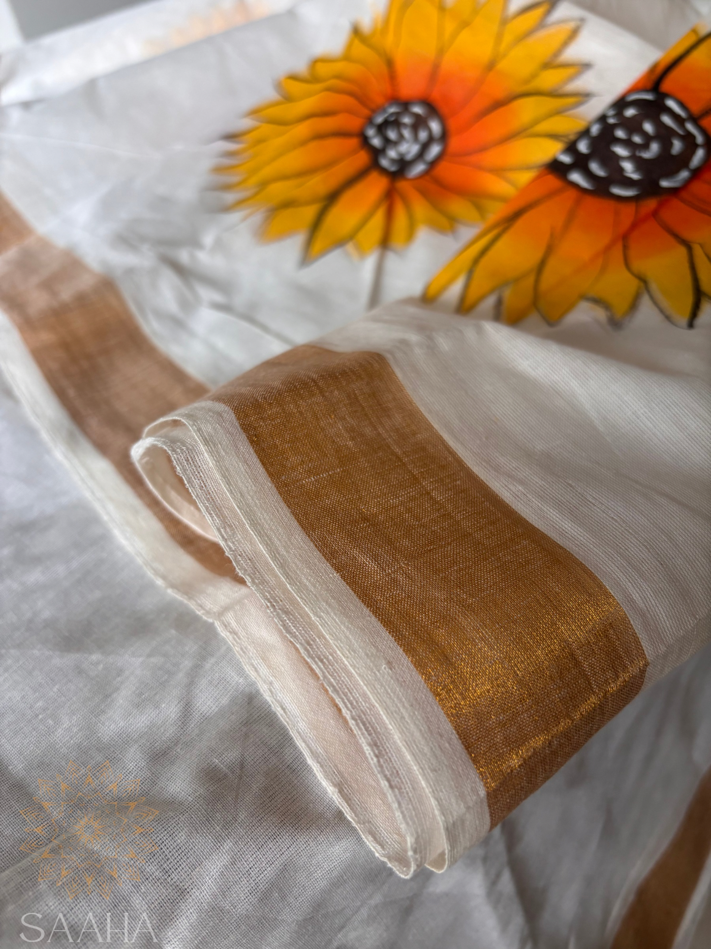 Sooryakanti_Handwoven Cotton Kerala Saree with handpainted sunflowers