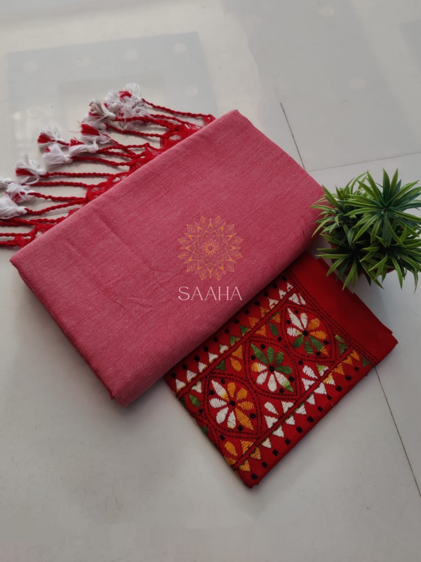 NOOR_Plain Khadi Cotton Saree with Kantha Hand-Embroidered Unstitched blouse