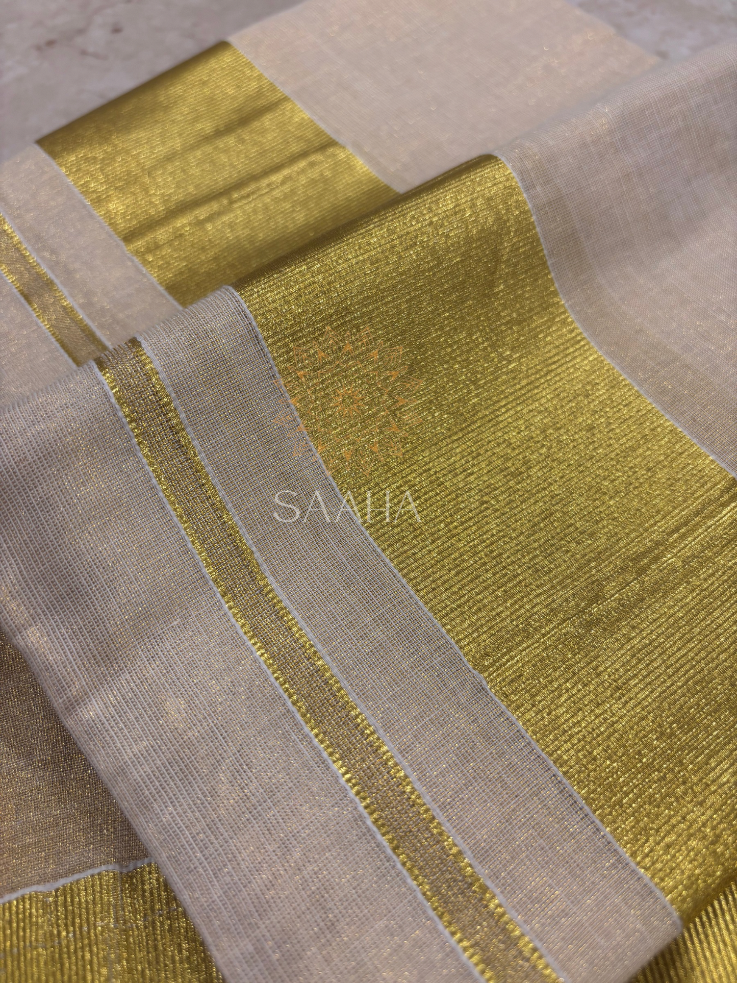 Chembakam_Traditional Kerala Set Mundu (Half Saree) with Golden Zari Border