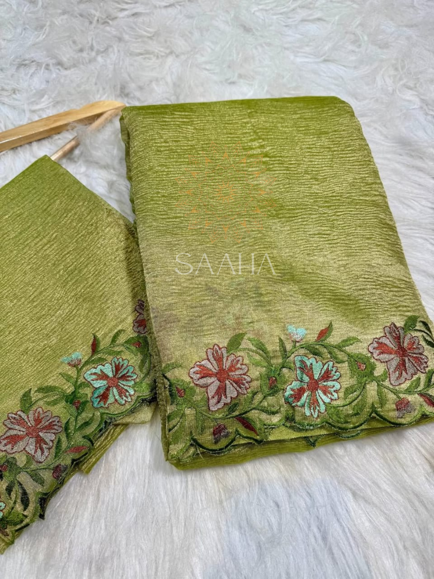 Garden Muse_Light Green Soft Crushed Banarasi Tissue Silk Saree
