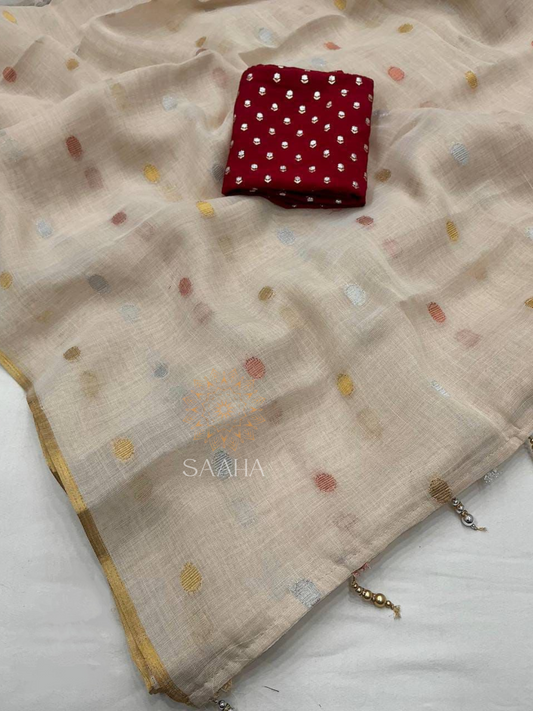 Breeze Bliss_Off White Soft Linen Saree with Sleek Zari Woven Border