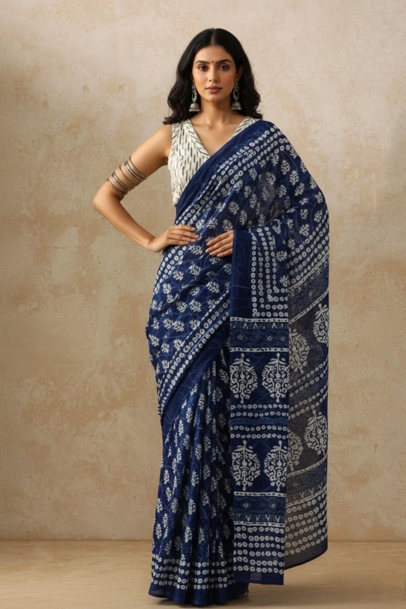 Indi Block_Hand Block Printed Mulmul Saree