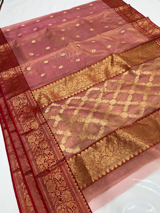 Sunset Hues_Handwoven Soft Pink Chanderi Tissue Silk Saree