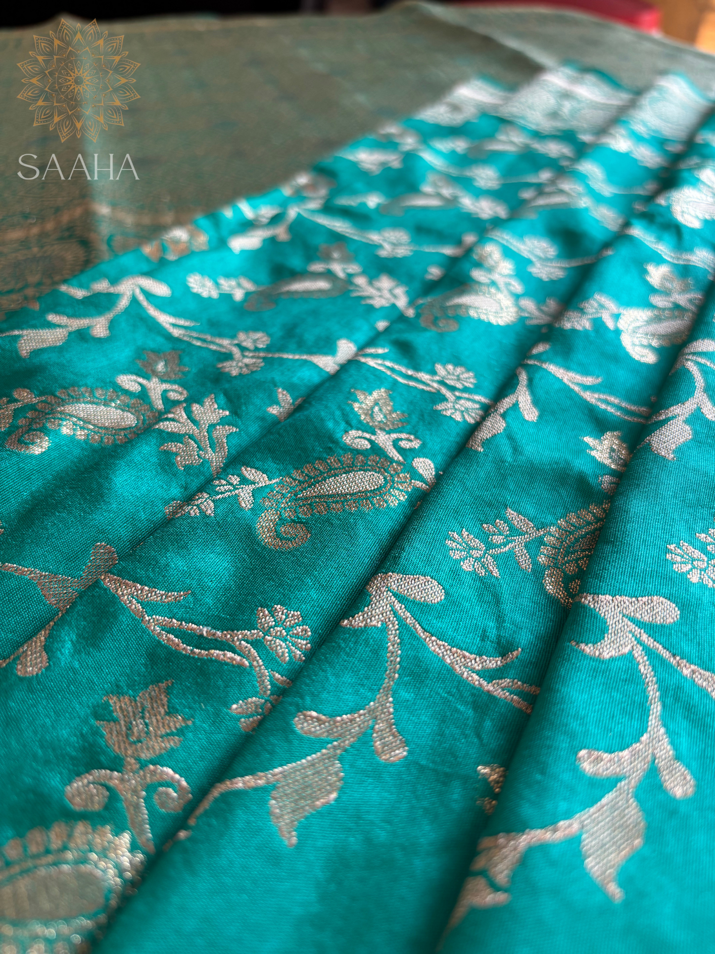 Madhumalti_Teal Blue Banarasi Floral Jaal Saree