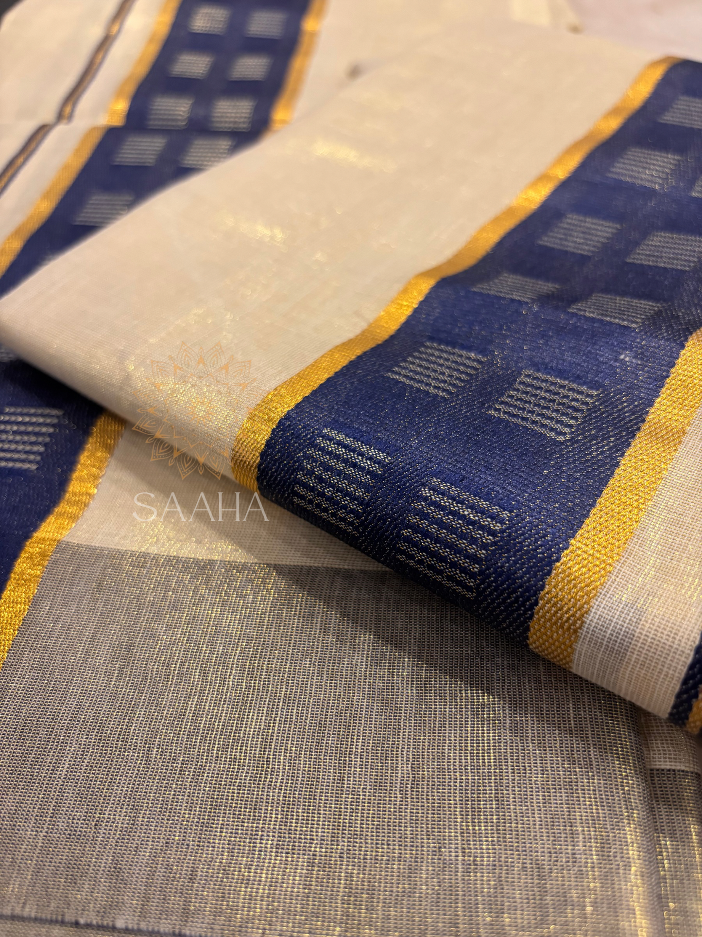 Neelakkurinji_Contemporary Kerala Set Mundu with Denim Blue Zari Border