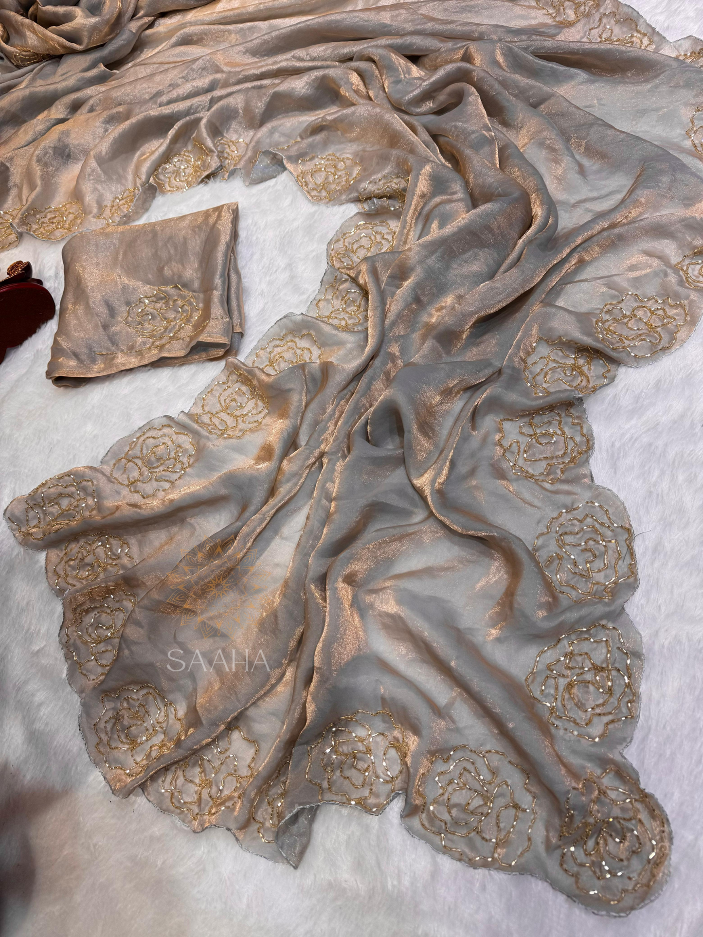 Shimmering Bloom_Fendi Silk Partywear Saree