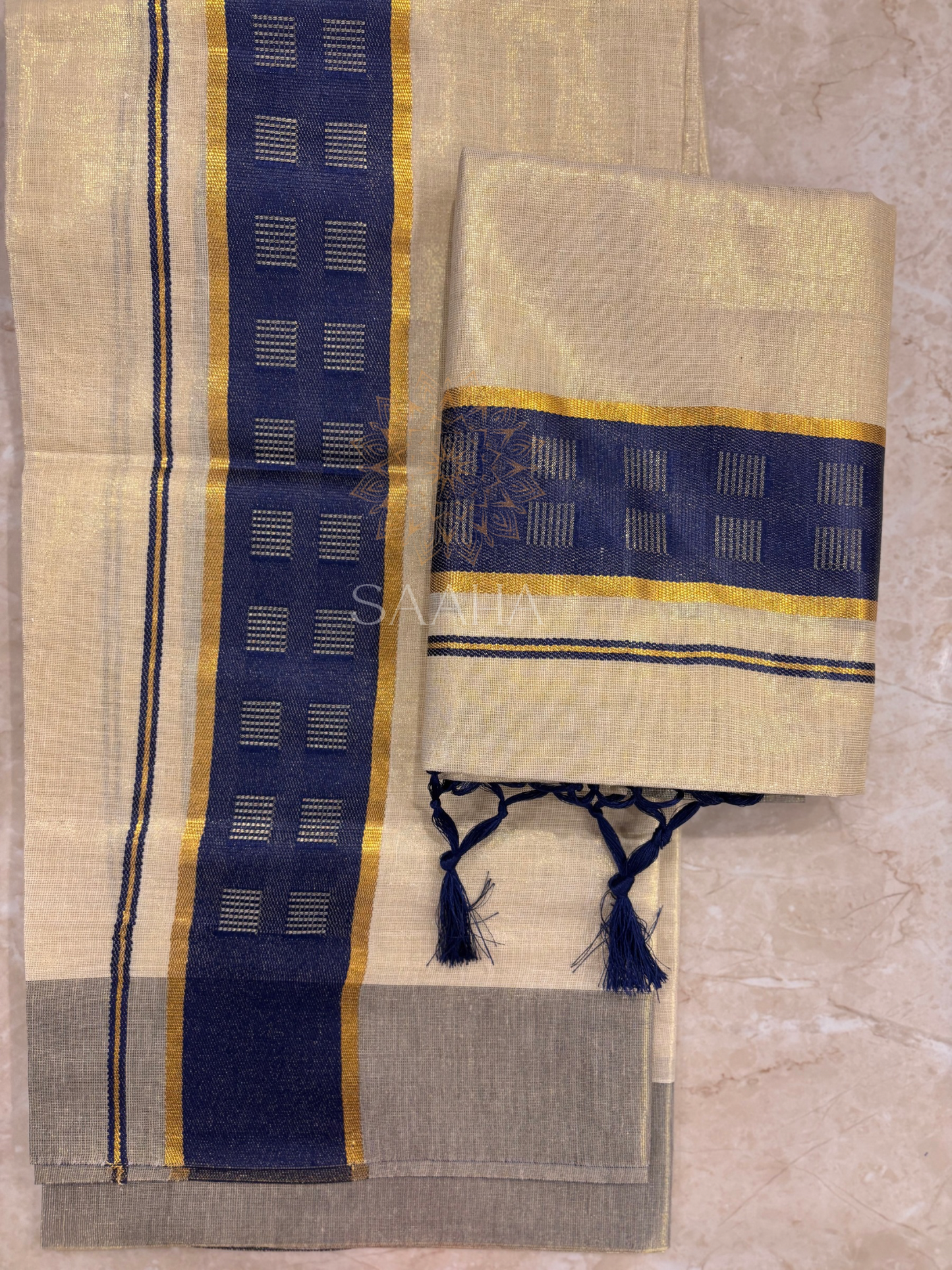 Neelakkurinji_Contemporary Kerala Set Mundu with Denim Blue Zari Border