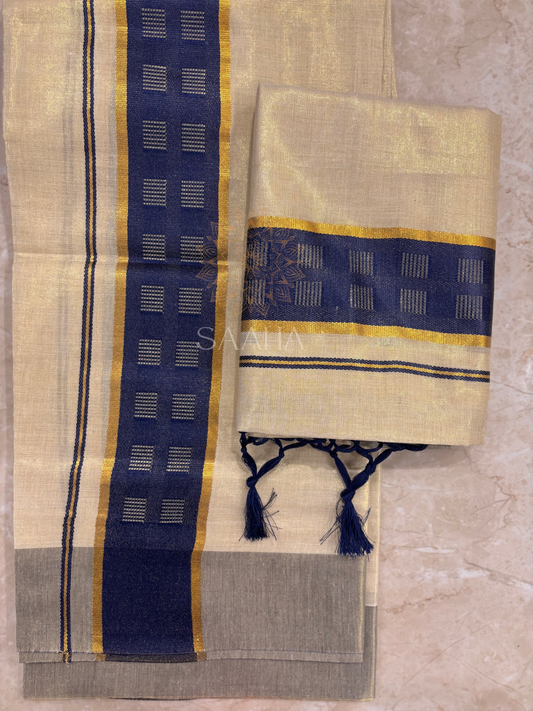 Neelakkurinji_Contemporary Kerala Set Mundu with Denim Blue Zari Border