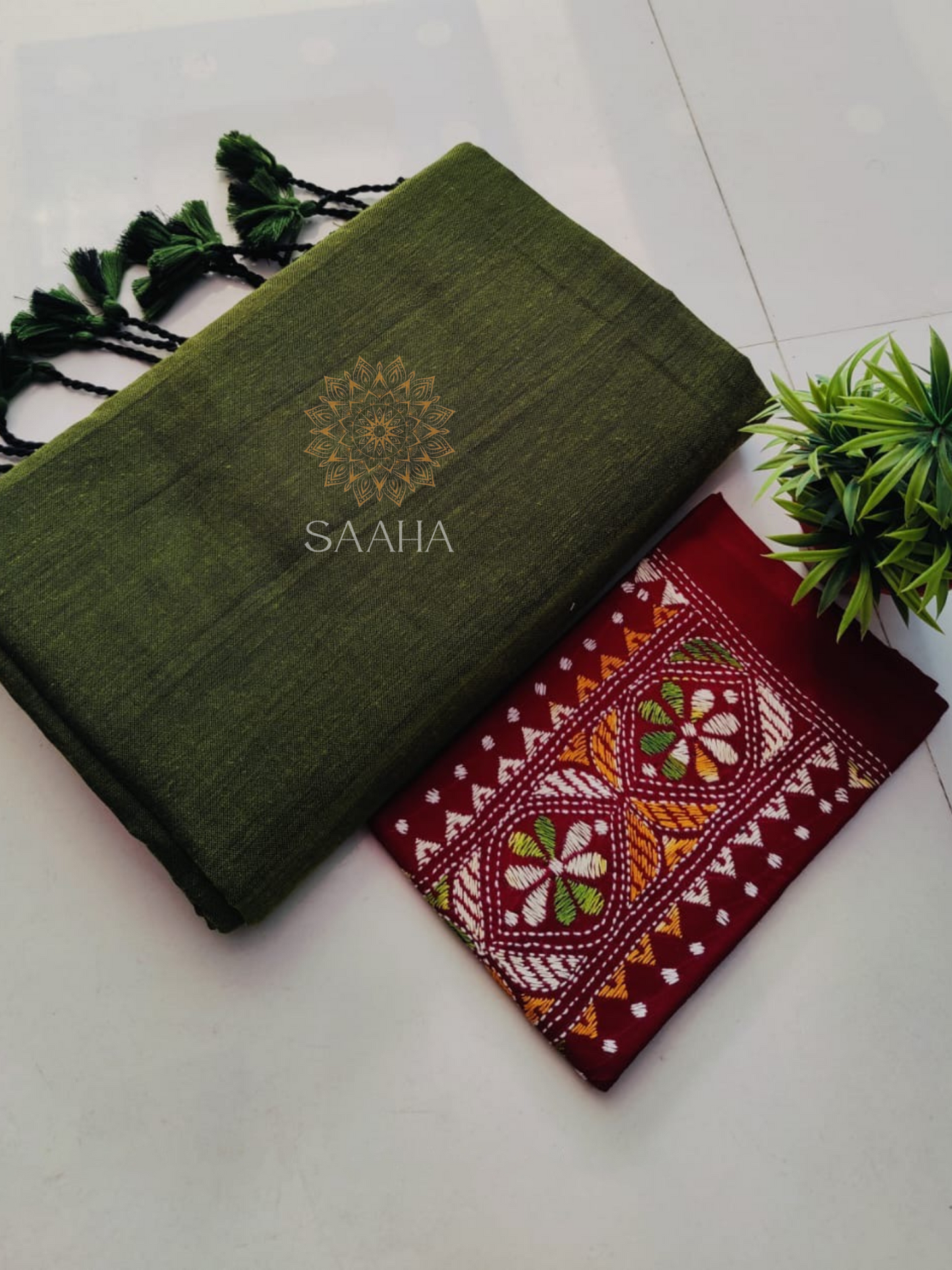 NOOR_Plain Khadi Cotton Saree with Kantha Hand-Embroidered Unstitched blouse