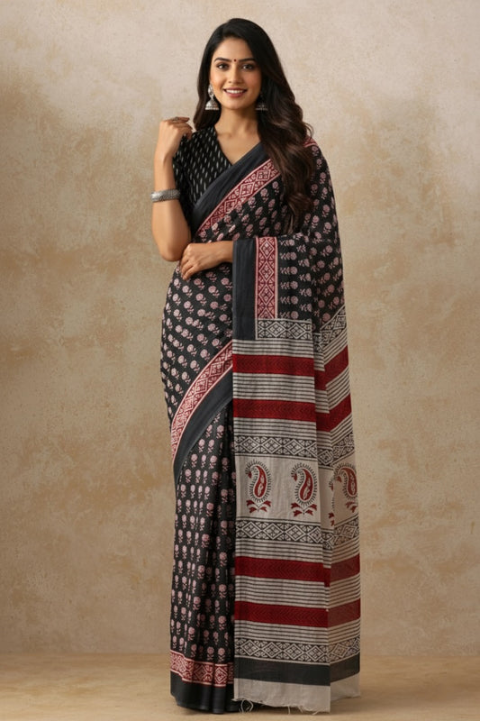 Berry Charcoal_Hand Block Printed Mulmul Saree