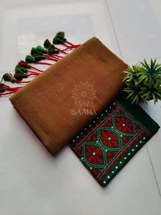 NOOR_Plain Khadi Cotton Saree with Kantha Hand-Embroidered Unstitched blouse