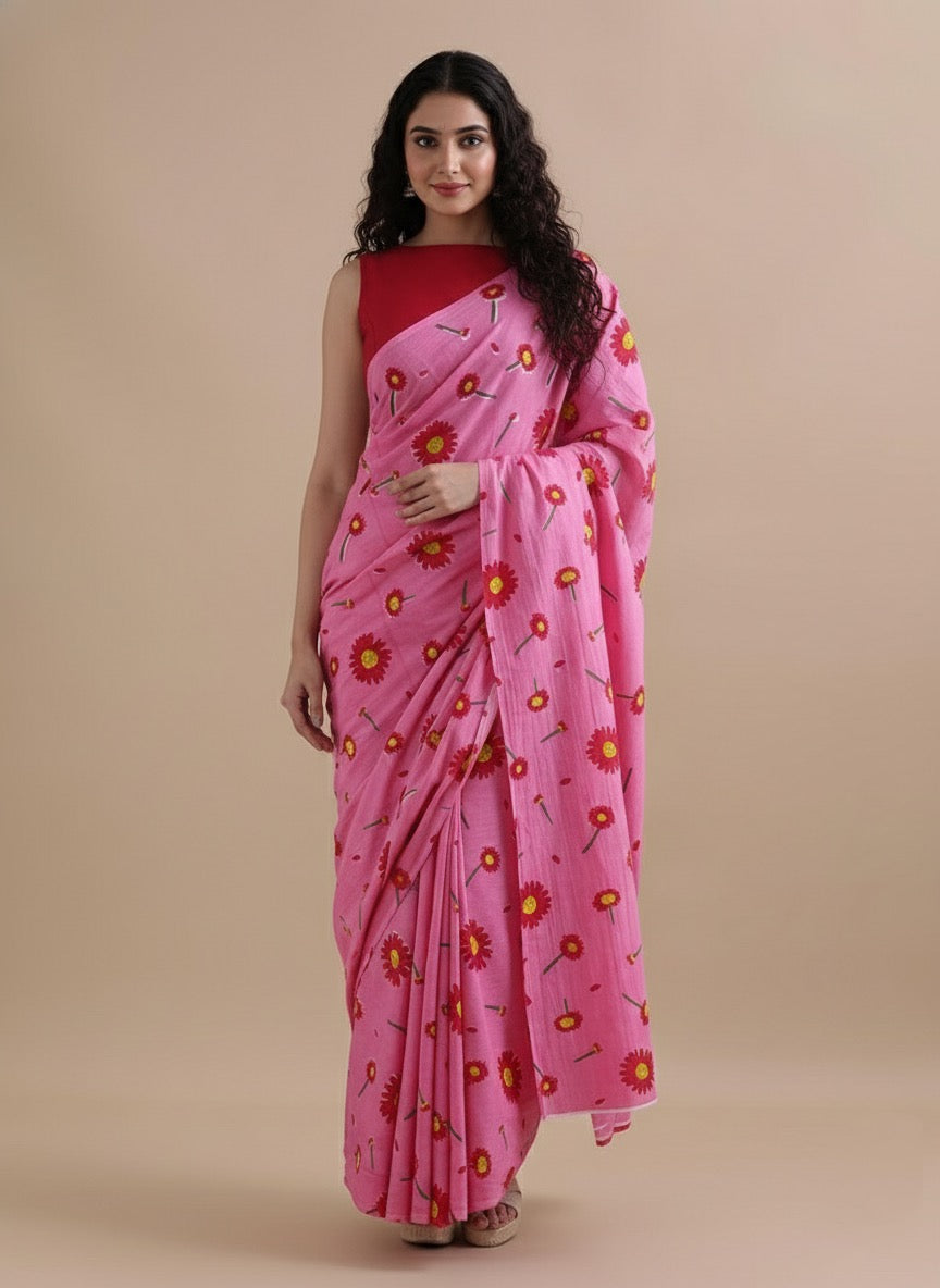 Bubblegum Bloom_Hand Block Printed Mulmul Saree