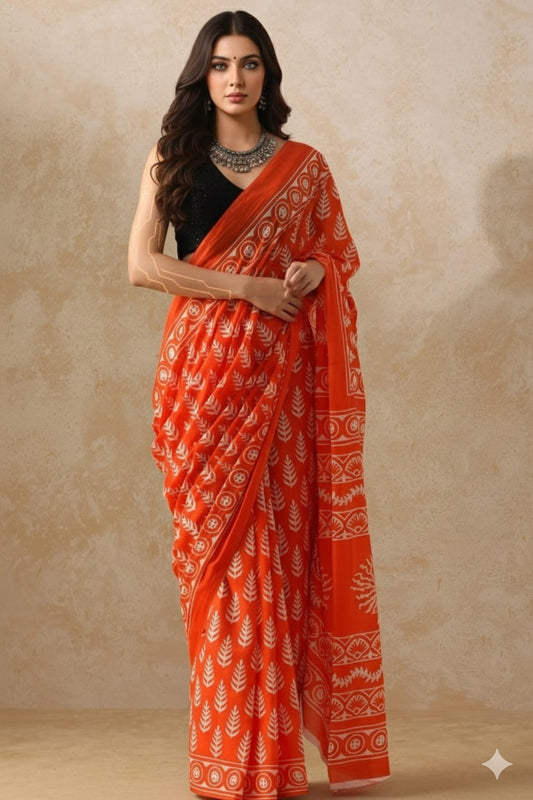 Tropical Spice_Hand Block Printed Mulmul Saree