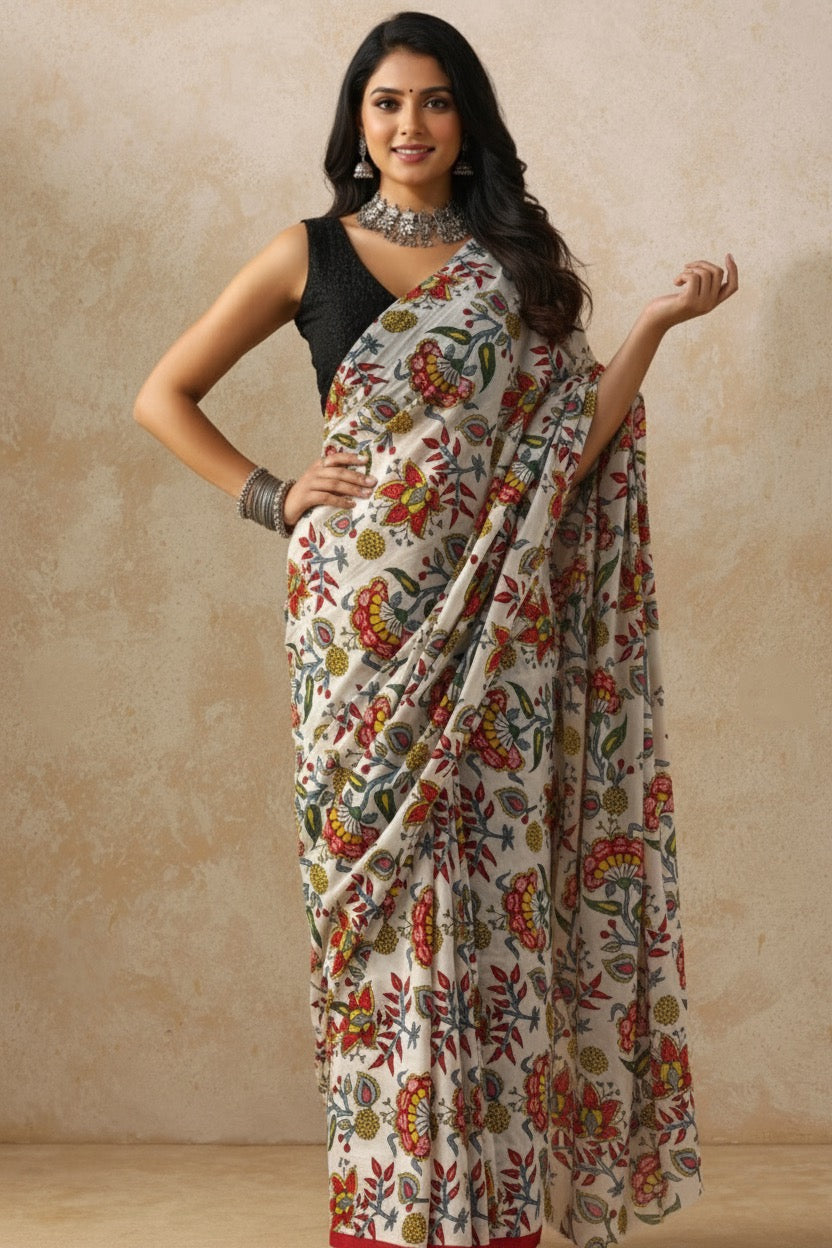 Mitti Flora_Hand Block Printed Mulmul Saree