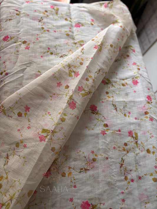 Sadabahar_Handwoven Linen Saree with Floral Digital prints