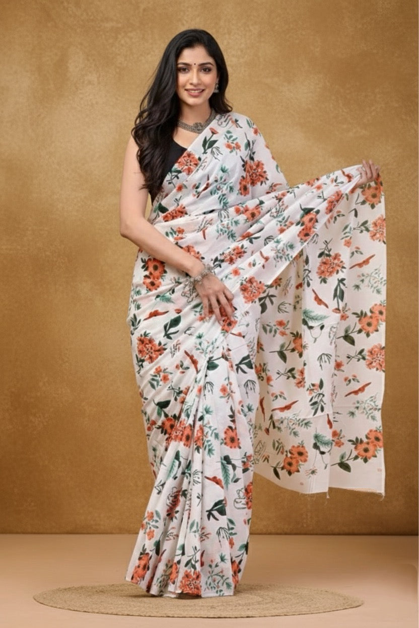 Orange Blossom_Hand Block Printed Mulmul Saree