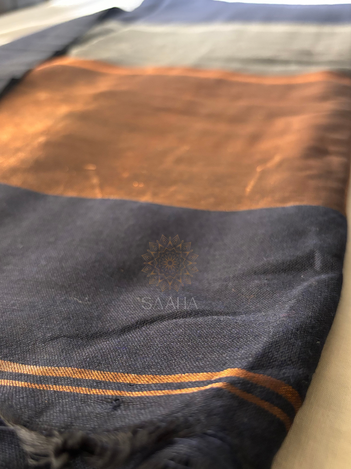 Midnight Copper Glow_Handwoven Cotton Tissue Saree