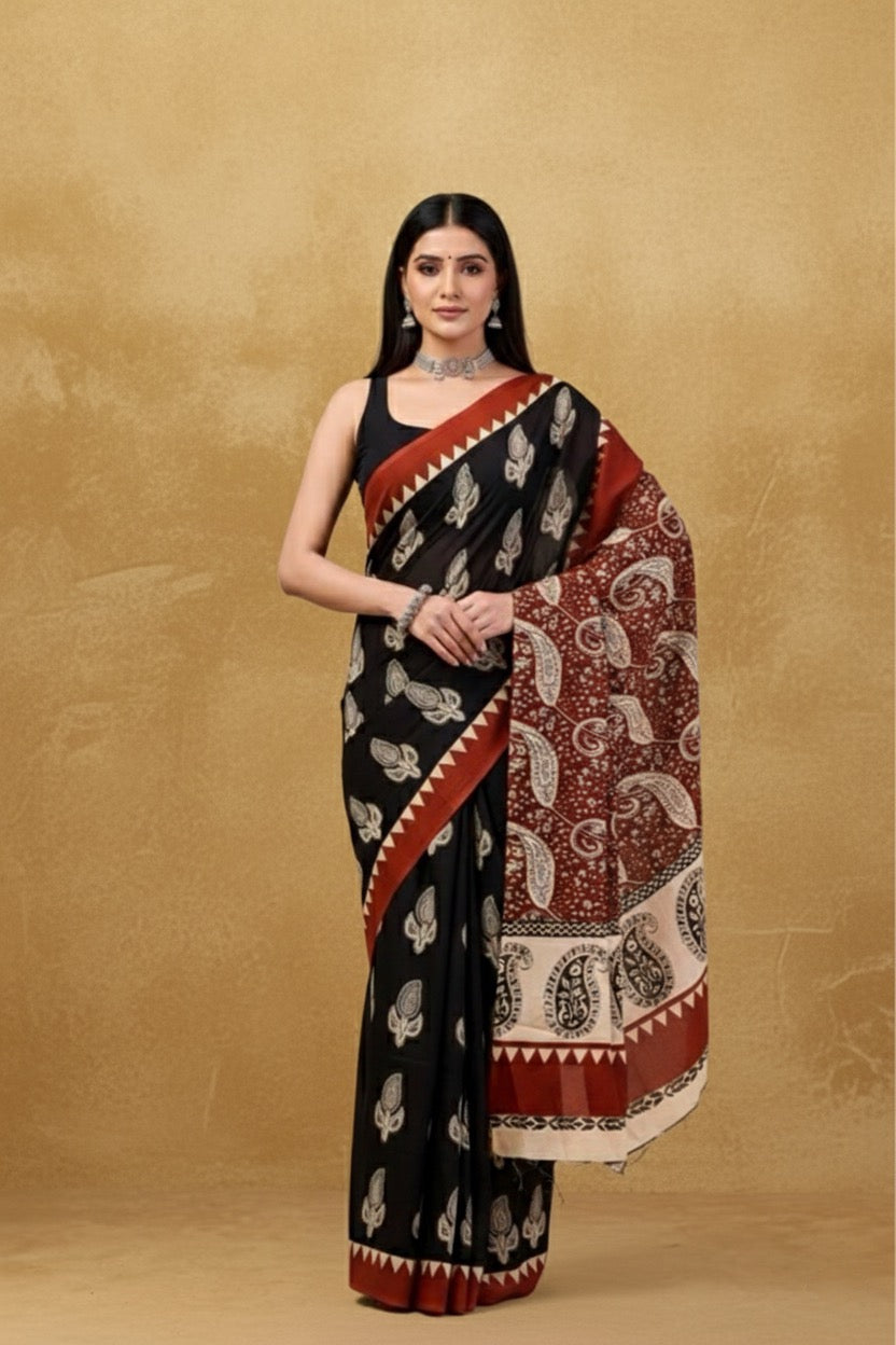 Rust Elegance_Hand Block Printed Mulmul Saree